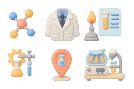 Glow effect science icons: soft 3d symbols of chemistry and research