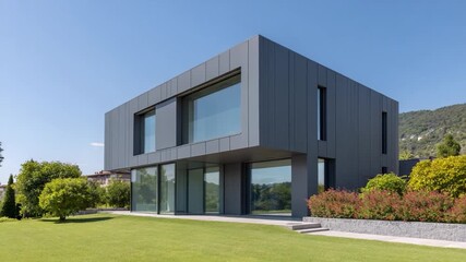 Modern minimalist home with sleek lines, lush green garden surrounds, peaceful retreat vibe under clear blue sky, contemporary architecture in summer setting