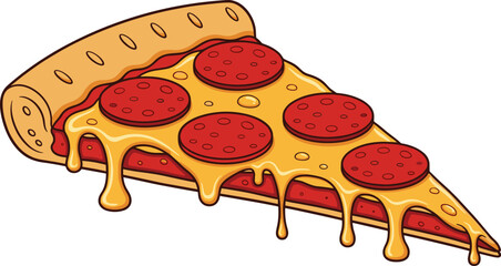 Delicious slice of pepperoni pizza, melted cheese illustration, fast food cartoon art, tasty cheesy snack, italian food design, yummy meal