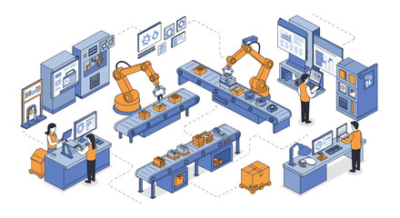 Obraz premium Isometric vector illustration of automated factory production line concept for technological innovation and efficiency design