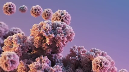Vibrant microscopic view of virus-like structures in a surreal environment with floating particles