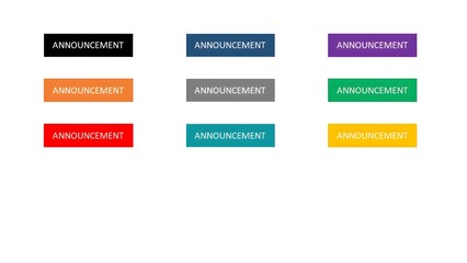 Collection of colorful “Announcement” buttons isolated on white background