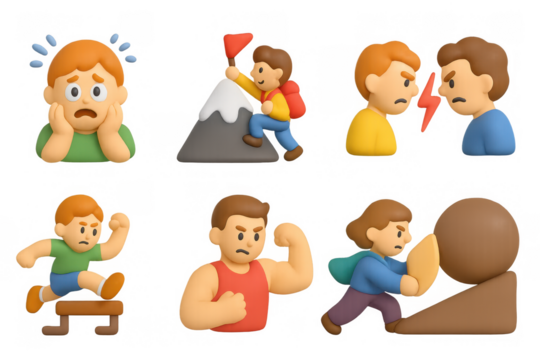 3d characters showcasing challenges and emotions in gradient background