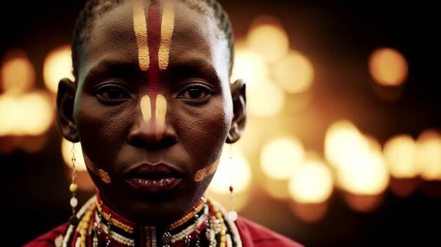 Close-up portrait of an African woman adorned with ceremonial markings, beads and jewelry, against a bokeh background