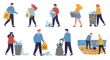 Fototapeta premium Vector illustration of people recycling and cleaning to protect the environment in a flat style