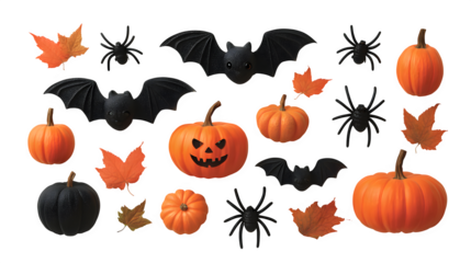 Halloween wall decal set featuring bats, pumpkins, and spiders, isolated on white background