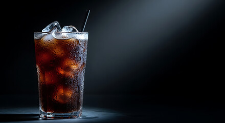 Refreshing iced cola in a condensation-covered glass with a dark, moody background and dramatic lighting