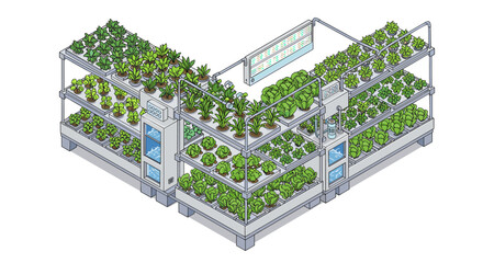 Naklejka premium Isometric vector illustration of indoor hydroponic farm with diverse vegetation for agricultural design