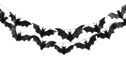 Hanging bat garland with multiple black bat silhouettes, isolated on white background