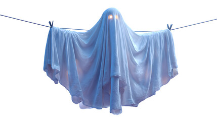 Hanging ghost decoration made of white cloth with glowing eyes, isolated on white background