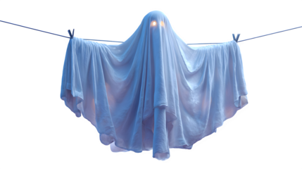 Hanging ghost decoration made of white cloth with glowing eyes, isolated on white background