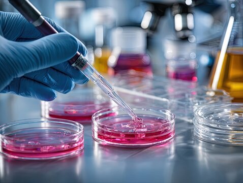 Scientist conducting lab experiment with petri dishes and pipette. - Powered by Adobe