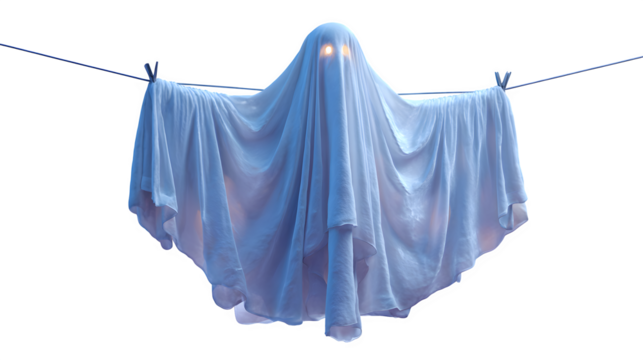 Hanging ghost decoration made of white cloth with glowing eyes, isolated on white background