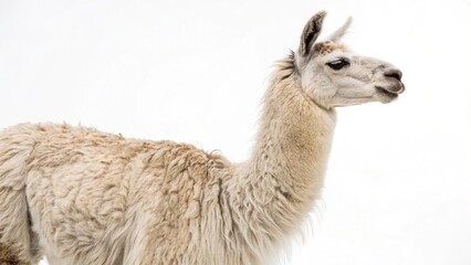 Fototapeta premium Llama standing calmly on a clean white studio background, showcasing thick wool and gentle expression, sharp focus, and professional studio lighting