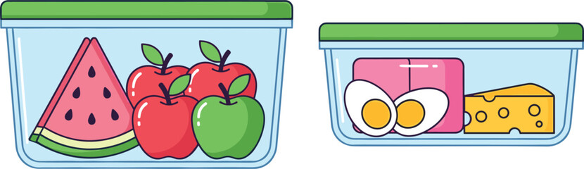 Food storage containers with fruit, eggs, cheese, healthy meal preparation, lunch box design, fresh food illustration, kitchen storage vector