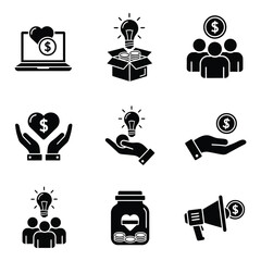 Set of 9 silhouette icons representing fundraising charity and business ideas concepts silhouette