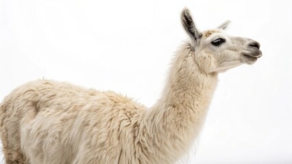 Obraz premium Llama standing calmly on a clean white studio background, showcasing thick wool and gentle expression, sharp focus, and professional studio lighting