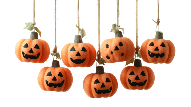 Hanging jack-o-lantern mobile with multiple mini pumpkins, isolated on white background