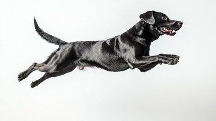 Energetic Black Labrador Retriever Leaping Mid-Air Against White Background