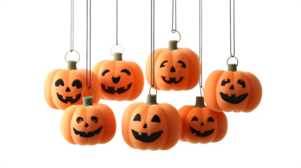 Hanging jack-o-lantern mobile with multiple mini pumpkins, isolated on white background