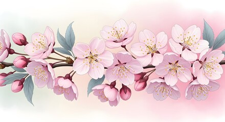 Fototapeta premium Delicate pink cherry blossom branch with buds and leaves