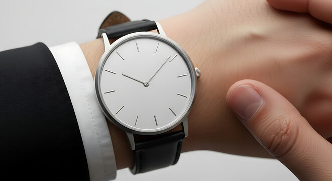 Man wearing minimalist watch checks time on wrist in formal attire indoors, showcasing elegance and punctuality. - Powered by Adobe