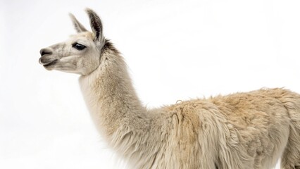 Obraz premium Llama standing calmly on a clean white studio background, showcasing thick wool and gentle expression, sharp focus, and professional studio lighting