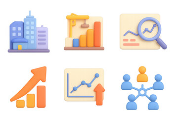 Business growth and data analysis icons in neon 3d style