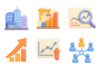 Business growth and data analysis icons in neon 3d style