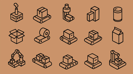 Manufacturing production icons including machines boxes conveyor and packages