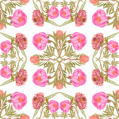 Hand drawn print. Seamless watercolor botanical pattern with pink peonies and green leaves on white background