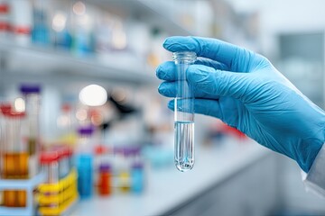 Scientist holding test tube in laboratory setting.