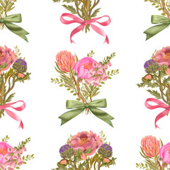 Hand drawn print. Seamless delicate watercolor botanical pattern with pink peonies, protea, and green bows on a white background