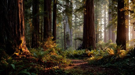 Fototapeta premium Redwood tree trunks rise tall in a glowing damp grove with textured bark and moss.