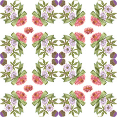 Hand drawn print. Seamless delicate watercolor botanical pattern with pink peonies, passion fruit flowers and green bows on a white background