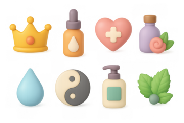 Cute 3d icons collection: health and wellness with heart, crown, and yin yang