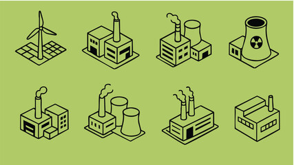 Power plant icons with renewable nuclear and industrial energy sources
