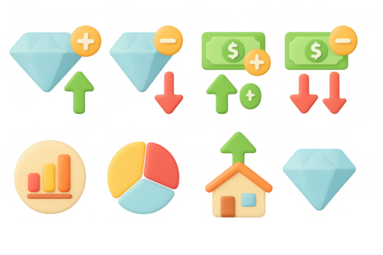 Colorful financial icons set: growth, investment, and wealth symbols in glowing style
