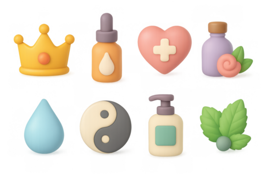 Cute 3d icons collection: health and wellness with heart, crown, and yin yang