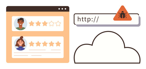 Fototapeta premium Browser window with user ratings, notification bar displaying malware warning, and cloud icon. Ideal for cybersecurity, digital safety, online reputation, system alerts, reviews, web monitoring