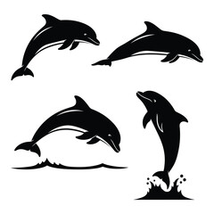 Four dynamic dolphin silhouettes in action leaping through water waves silhouette
