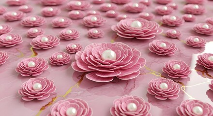 Fototapeta premium Many pink paper flowers with pearl centers on a marble surface