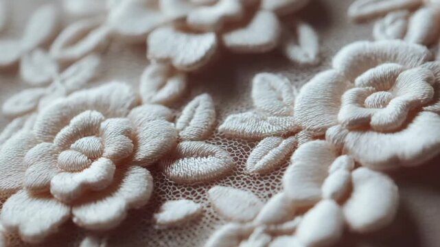 Intricate lace pattern with floral embroidery, soft beige tones create a vintage feel, delicate craftsmanship highlighted for weddings or romantic themes