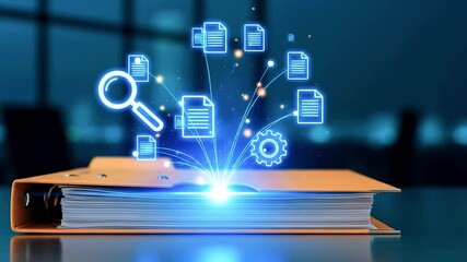 Digital transformation concept with glowing documents emerging from an orange binder in a modern office - Powered by Adobe