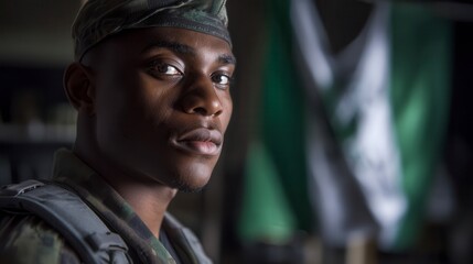 Fototapeta premium Determined Black male young adult soldier in military uniform and cap looking confidently at camera with Nigerian flag in background, portrait showcasing military service and patriotism