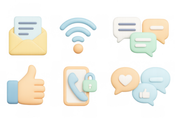 3d emoji style communication icons: email, wifi, messages, call, socia