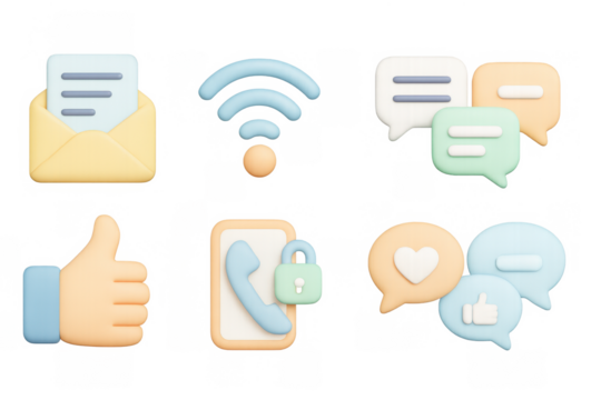 3d emoji style communication icons: email, wifi, messages, call, socia
