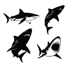 Fierce great white shark silhouettes set marine life aquatic predator illustration silhouette