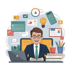 Fototapeta premium Illustration of enthusiastic man working from home with laptop and books isolated on white background vector illustration