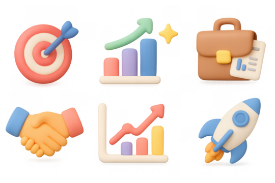 Colorful 3d business icons set featuring graphs, rocket, target, brief